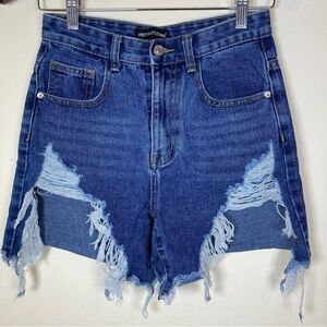 PrettyLittleThing Distressed Denim Shorts Frayed Hem Blue Size UK 4 / US 0–2